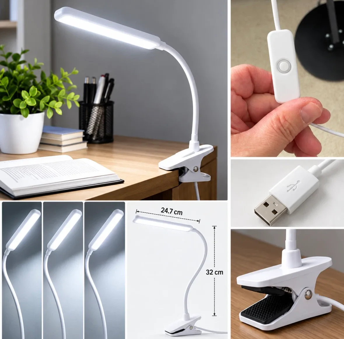 White USB LED Clip-On Desk Lamp