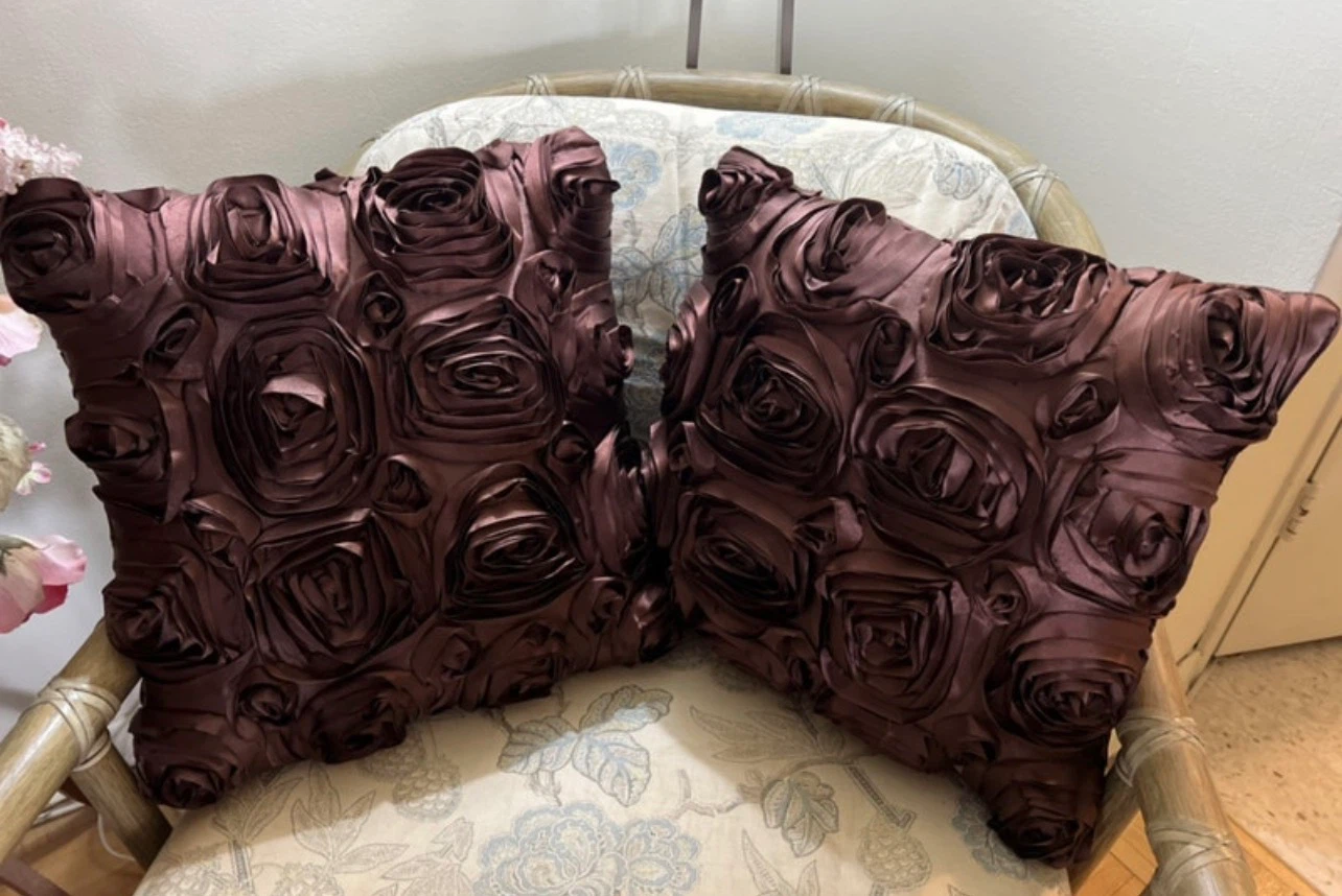 New-Set of Two Brown Rose Design Cushions