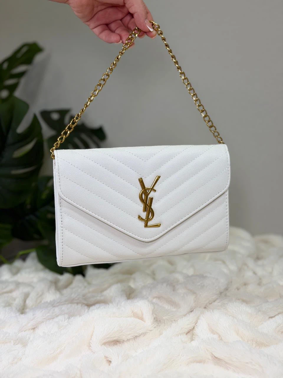 Saint Laurent White Monogram Chain Wallet