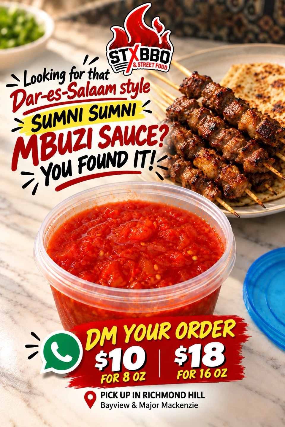 Looking for  Chili, Tamarind and Pili Pili Mbuzi Sauces