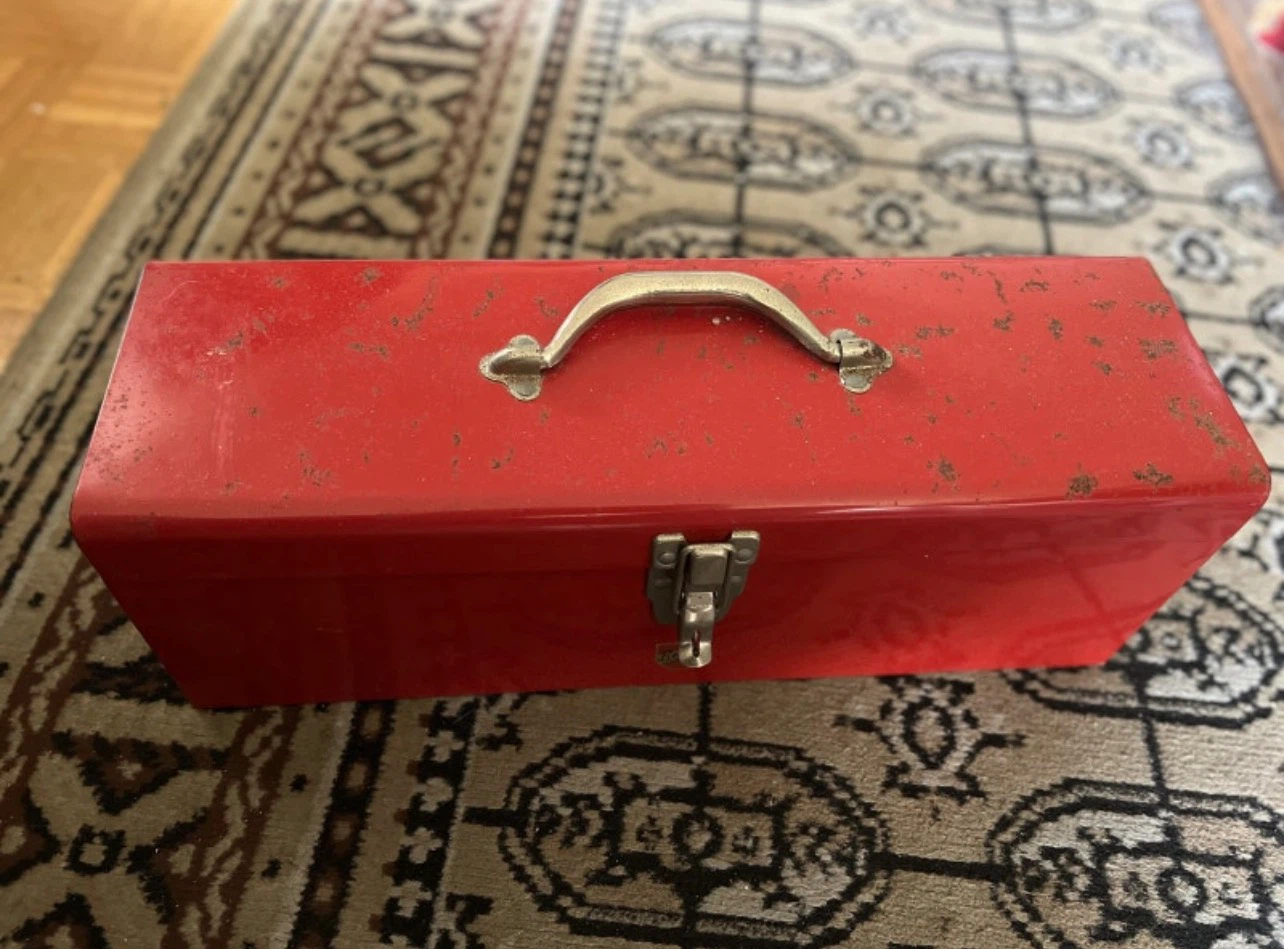 Vintage Red Metal Toolbox (Empty)