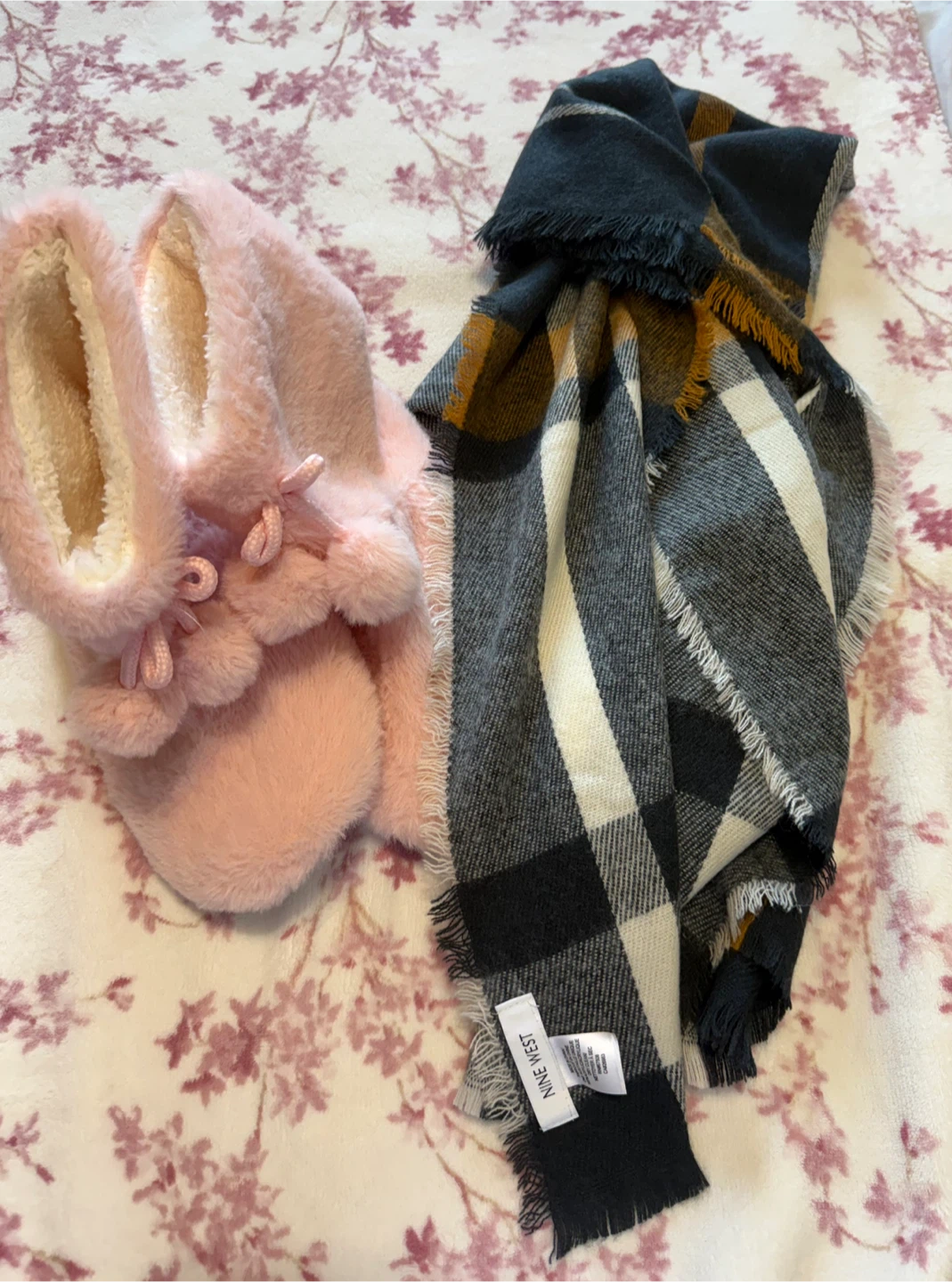 Nine West Plaid Scarf and Pink Slippers Set