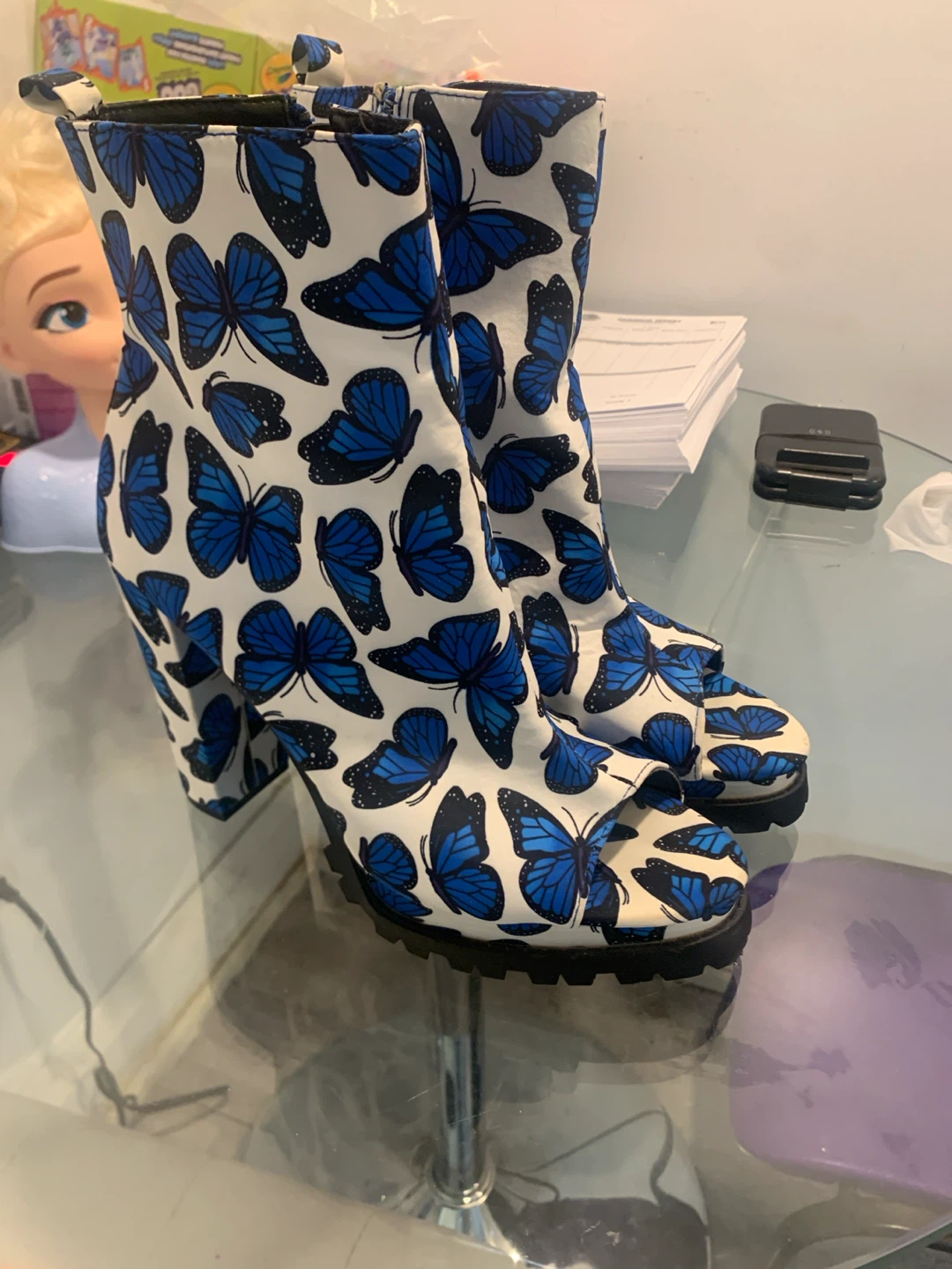 Butterfly Print Open-Toe Platform Boots