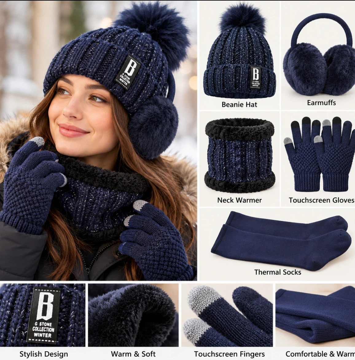 New 5-Piece Women's Winter Accessories Set – Navy Blue