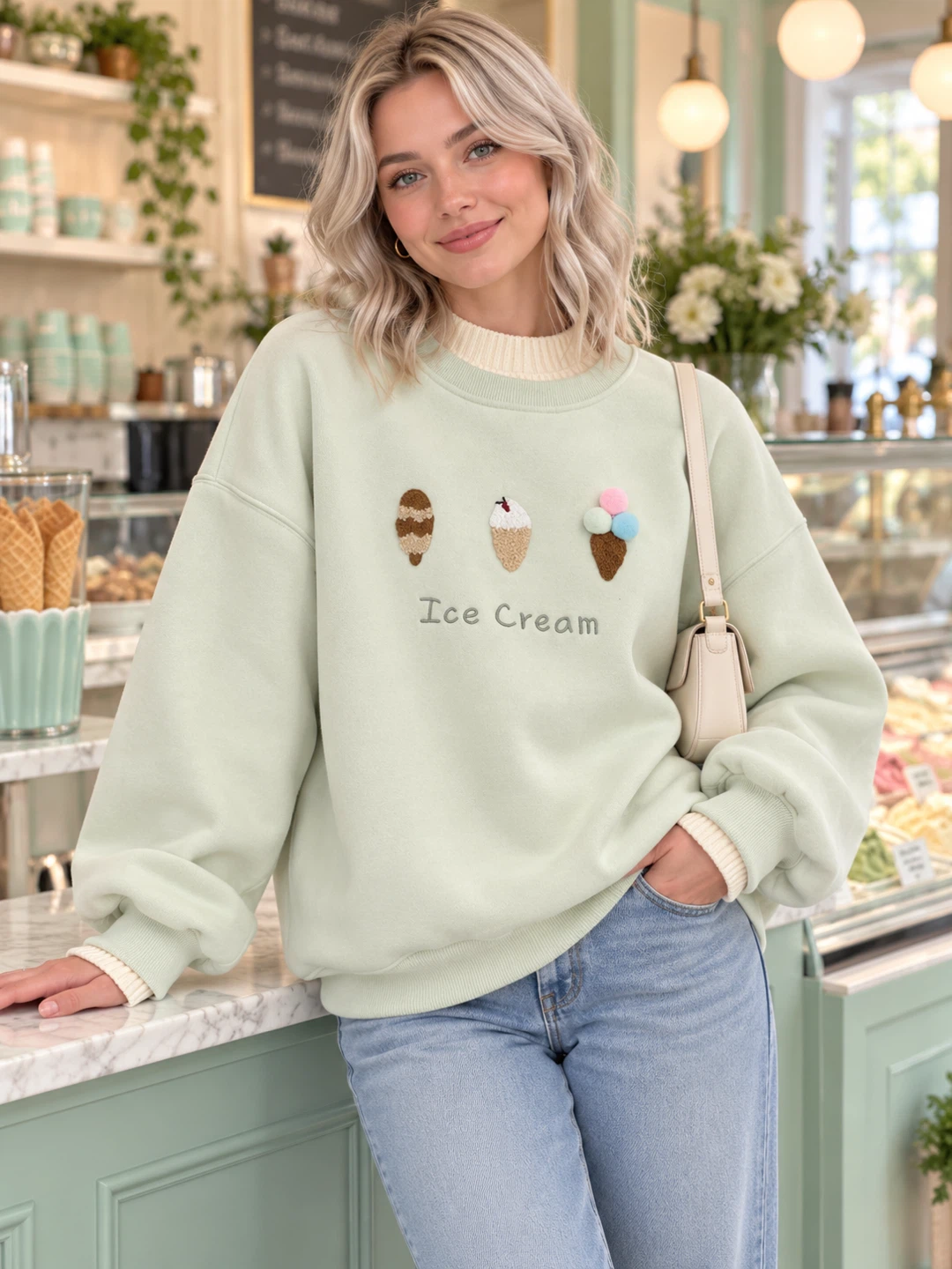 Light Green Ice Cream Embroidered Crewneck Sweater