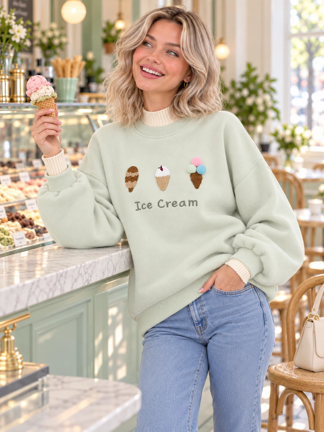 Light Green Ice Cream Embroidered Crewneck Sweater - photo 2