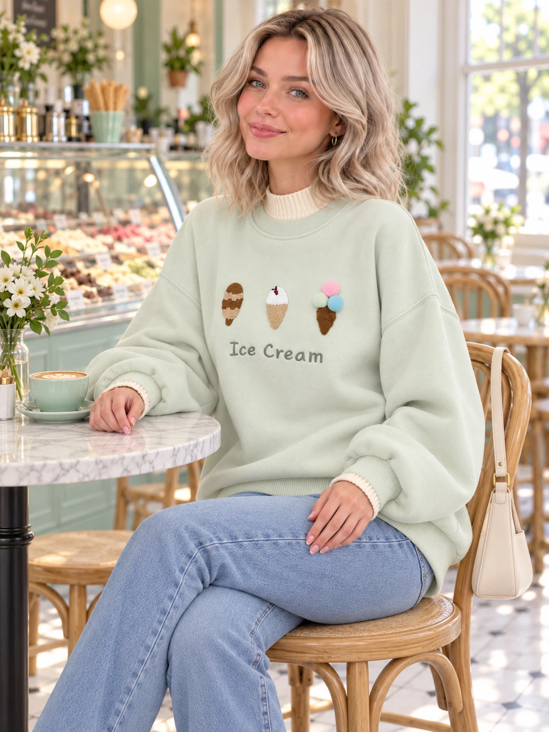 Light Green Ice Cream Embroidered Crewneck Sweater - photo 3