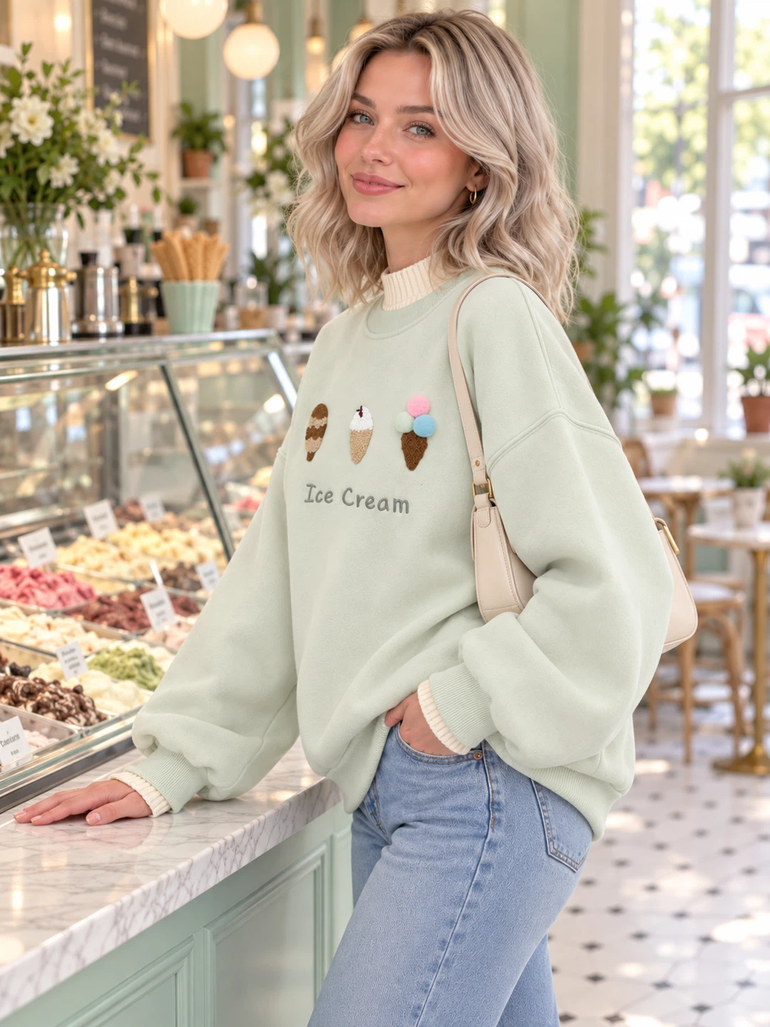 Light Green Ice Cream Embroidered Crewneck Sweater - photo 4