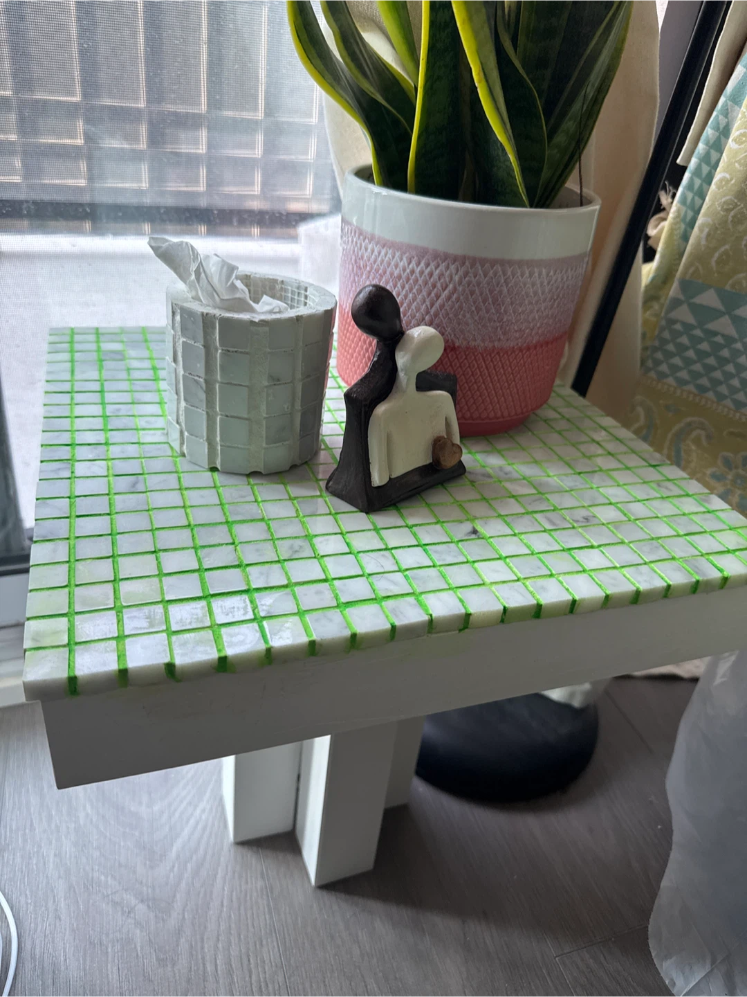Boho style Tiled marble Side Table with Green Grout