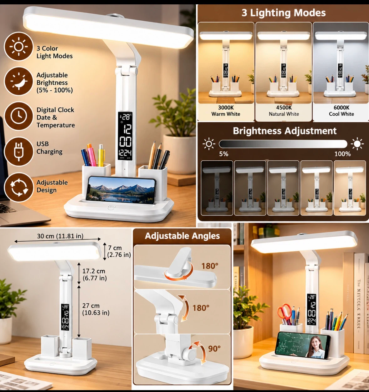 White LED Desk Lamp with Digital Clock and Pen Holders
