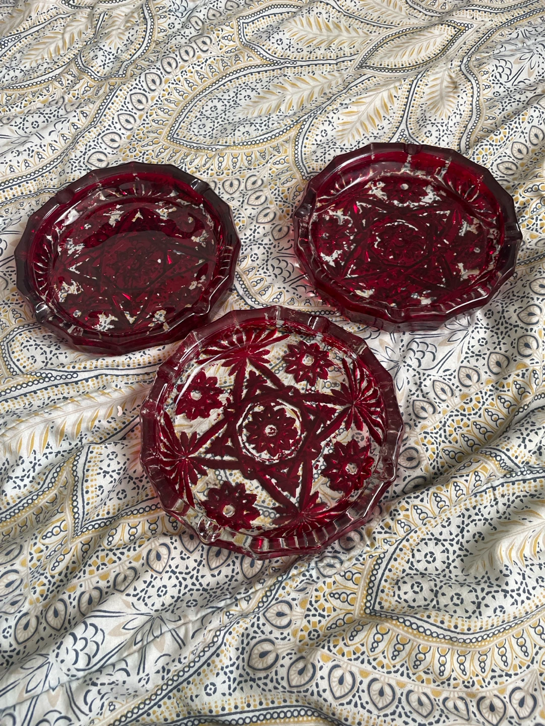 Set of 3 Red Pressed Glass Ashtrays