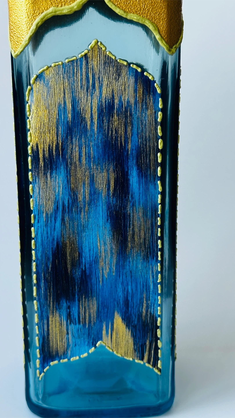 Decorative Hand-Painted Blue and Gold Glass Bottle - photo 2