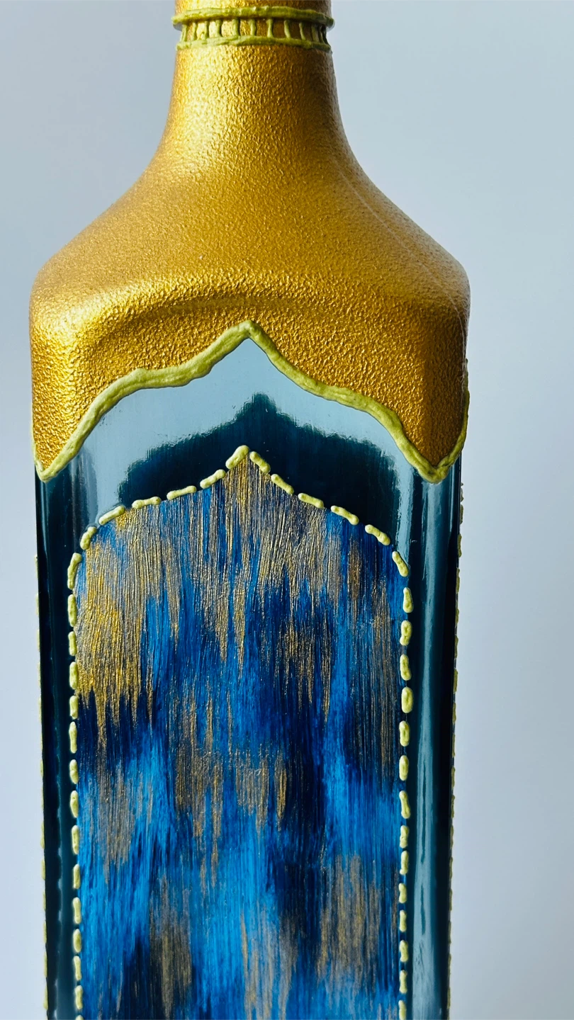 Decorative Hand-Painted Blue and Gold Glass Bottle - photo 3