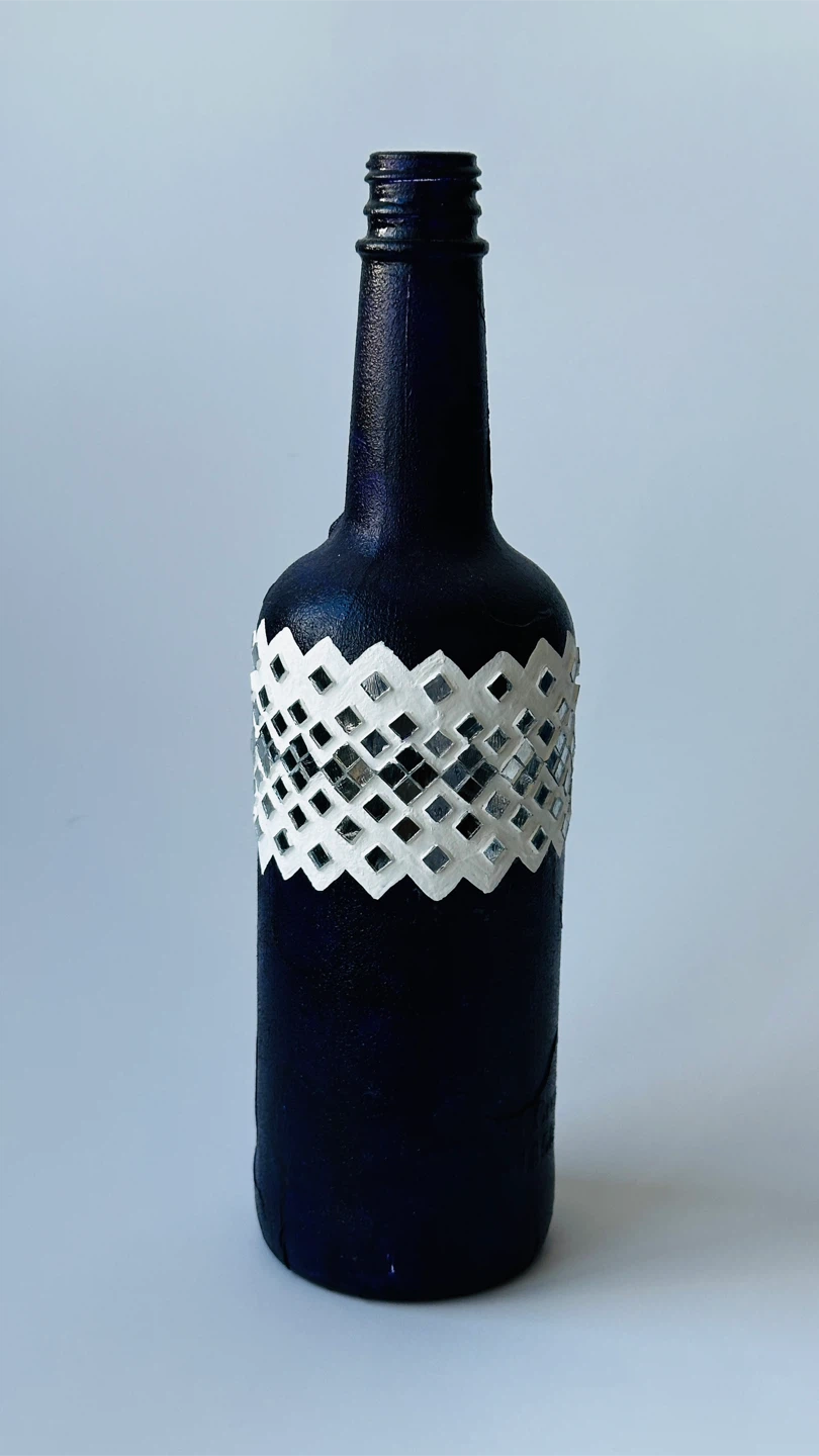 Decorative Navy Blue Painted Bottle with Mirror Accents