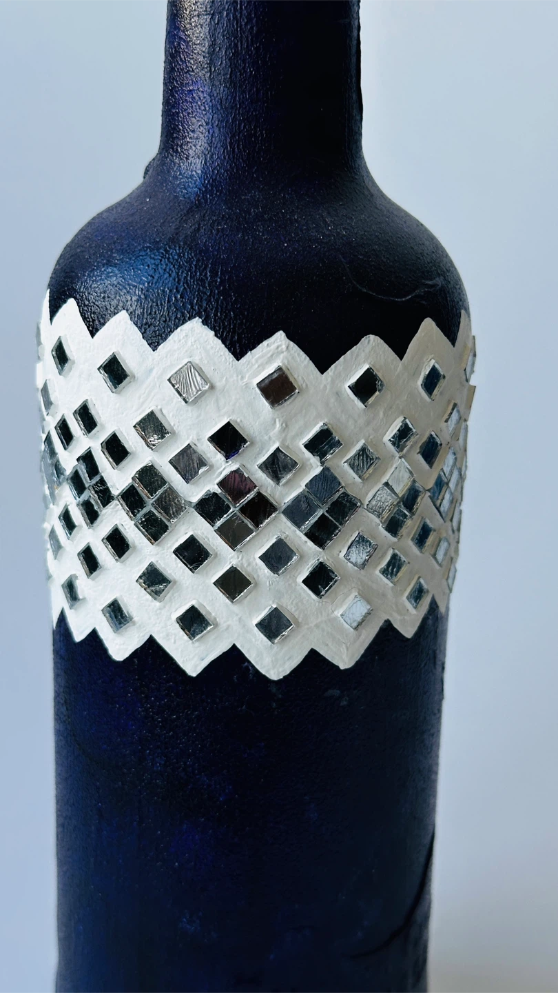 Decorative Navy Blue Painted Bottle with Mirror Accents - photo 2
