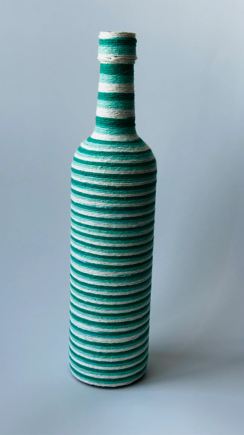 Handcrafted Teal and White Striped Decorative Glass Bottle