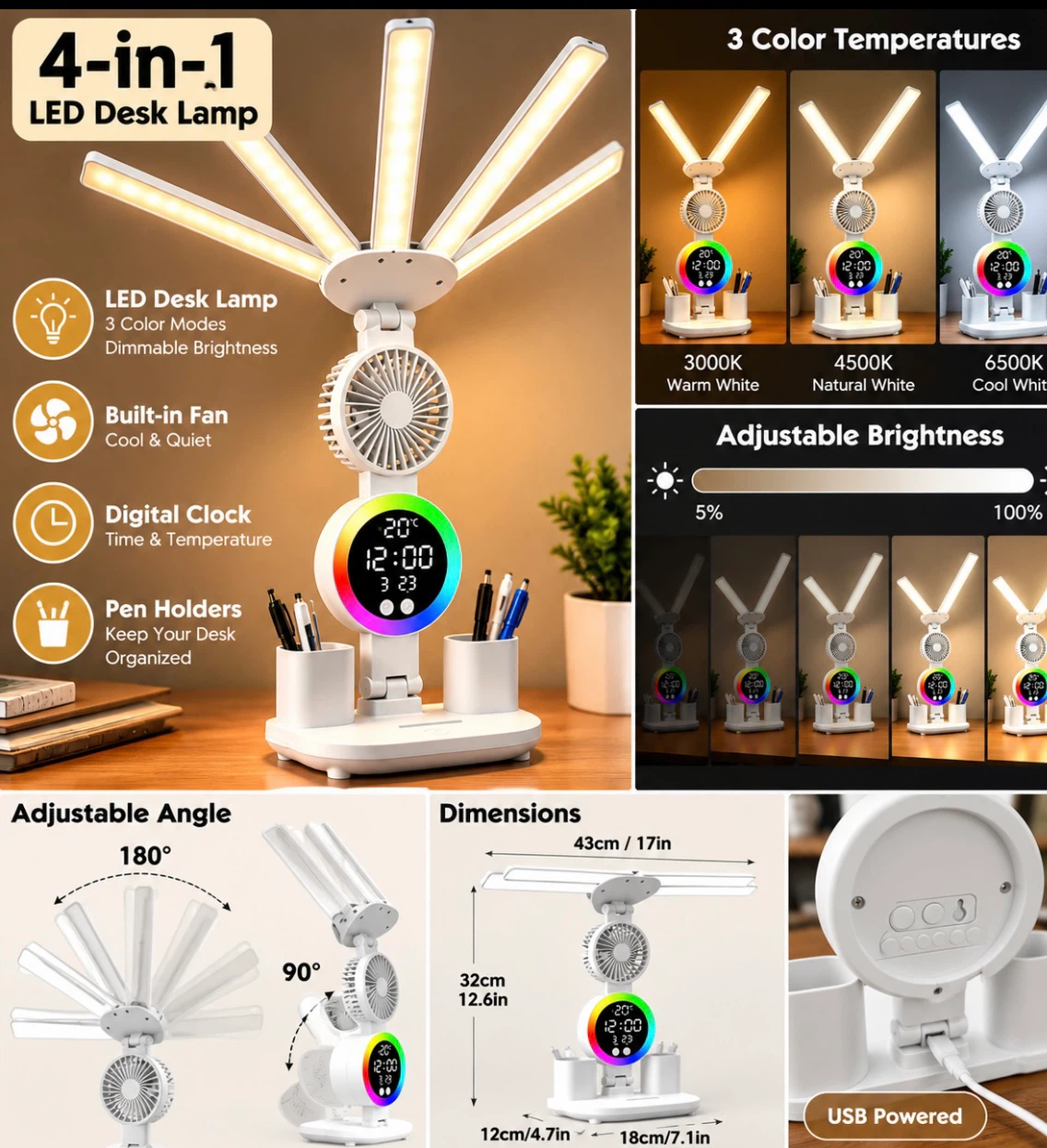 4-in-1 LED Desk Lamp with Fan and Clock