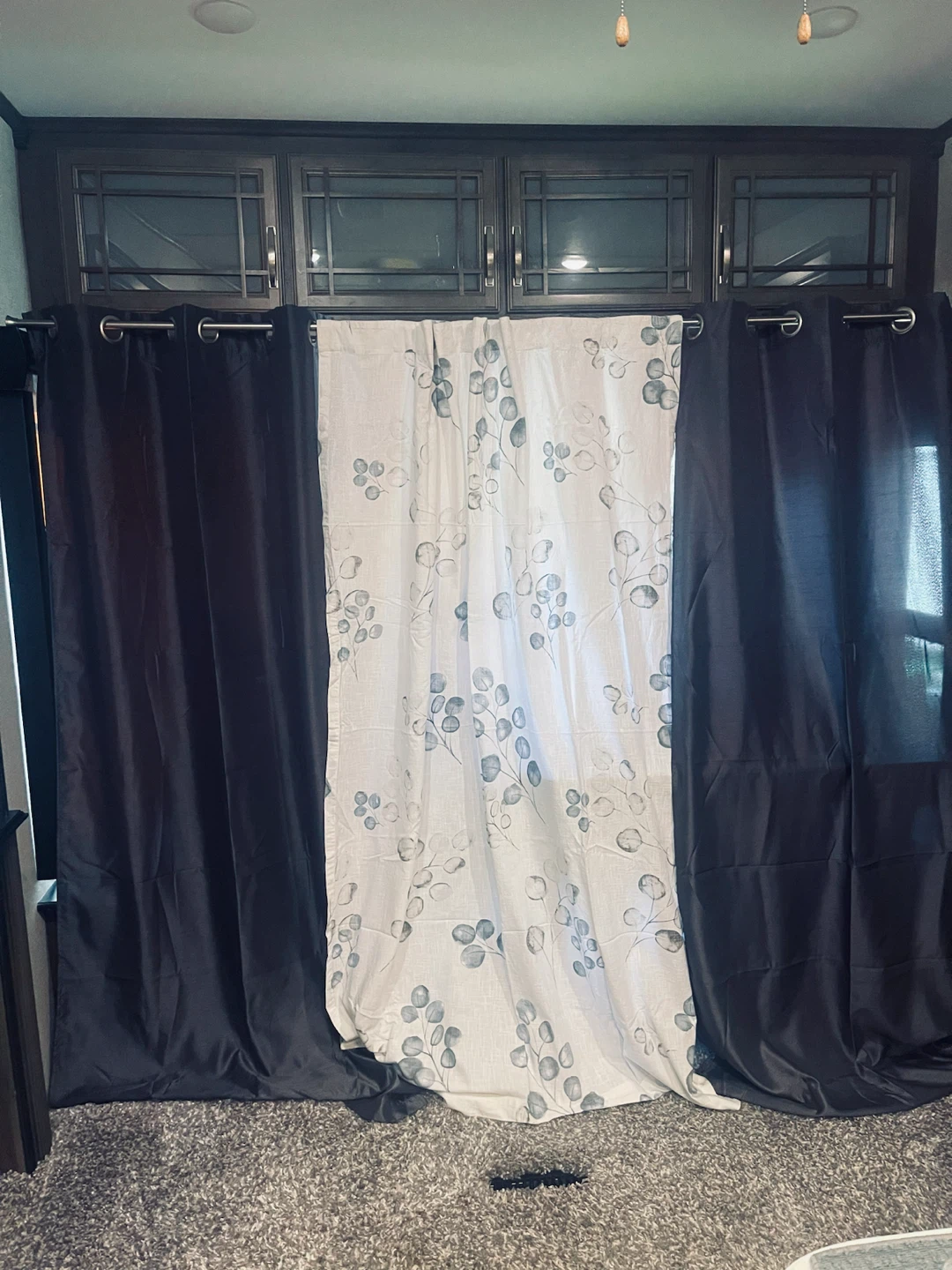 Grey and Floral Curtains with extension rod.