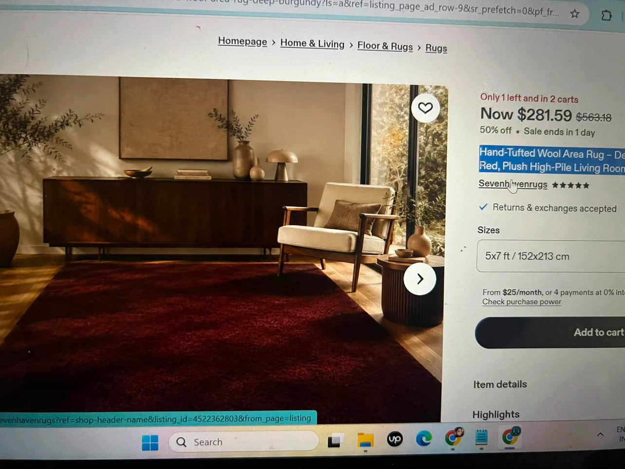 Sevenheavens Hand-Tufted Wool Area Rug - Dark Red