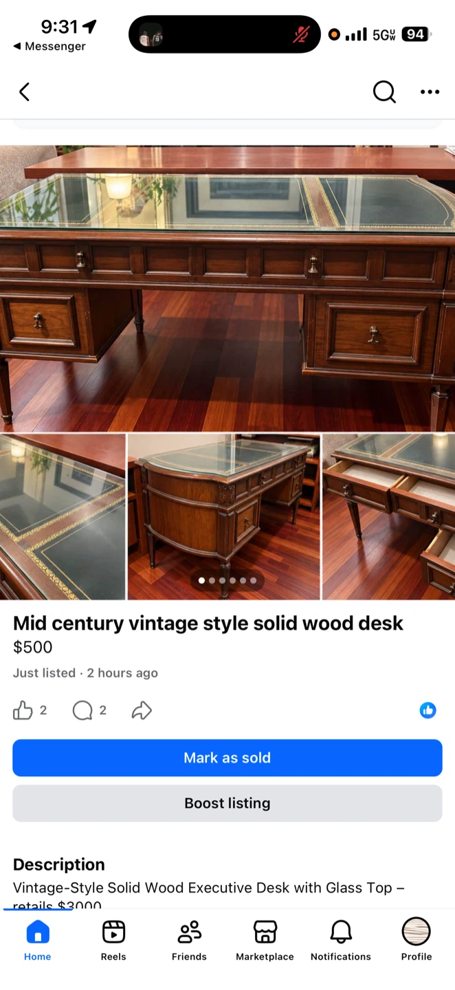Vintage-Style Solid Wood Executive Desk