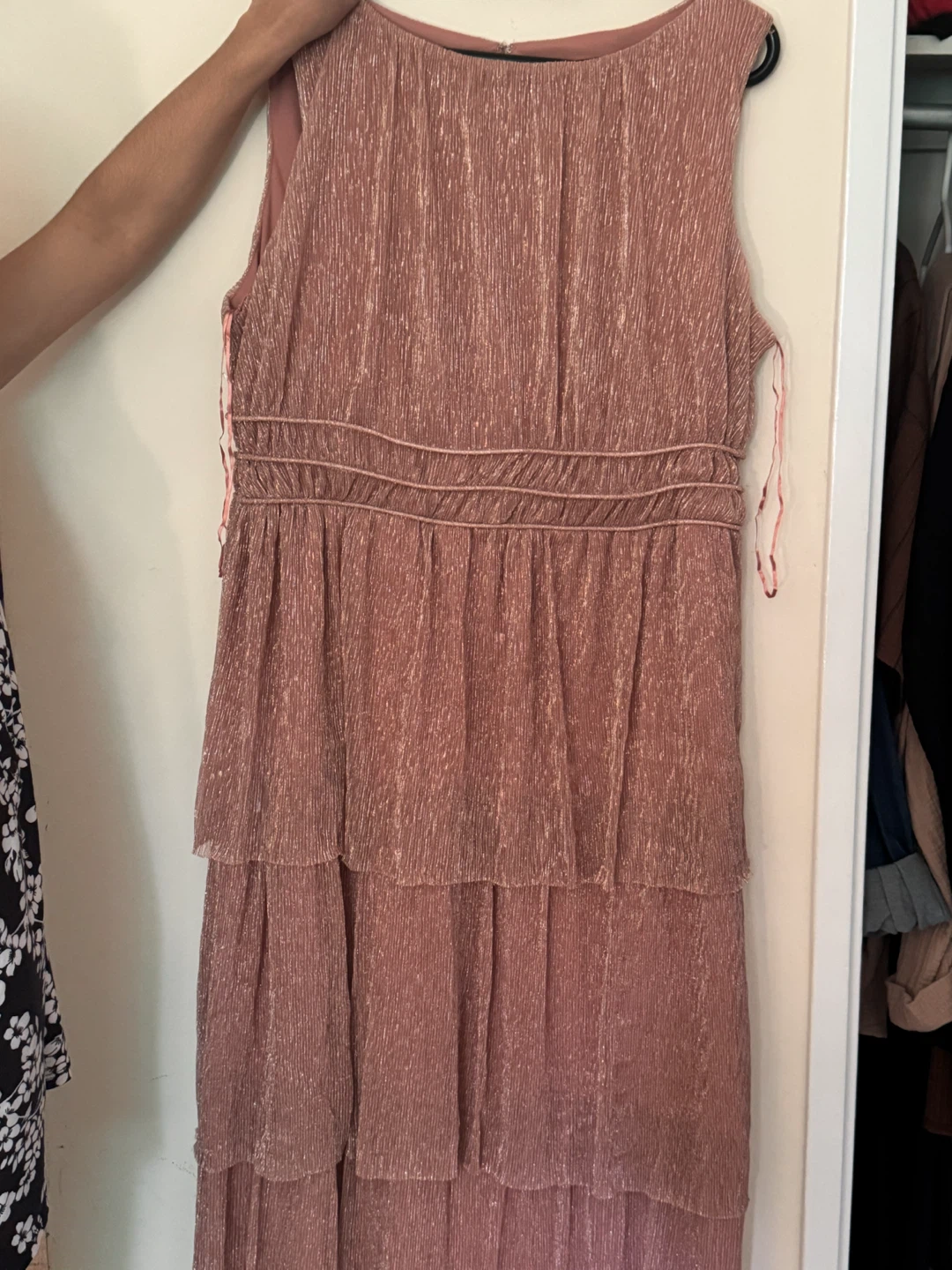 Metallic Rose Gold Sleeveless Tiered Dress
