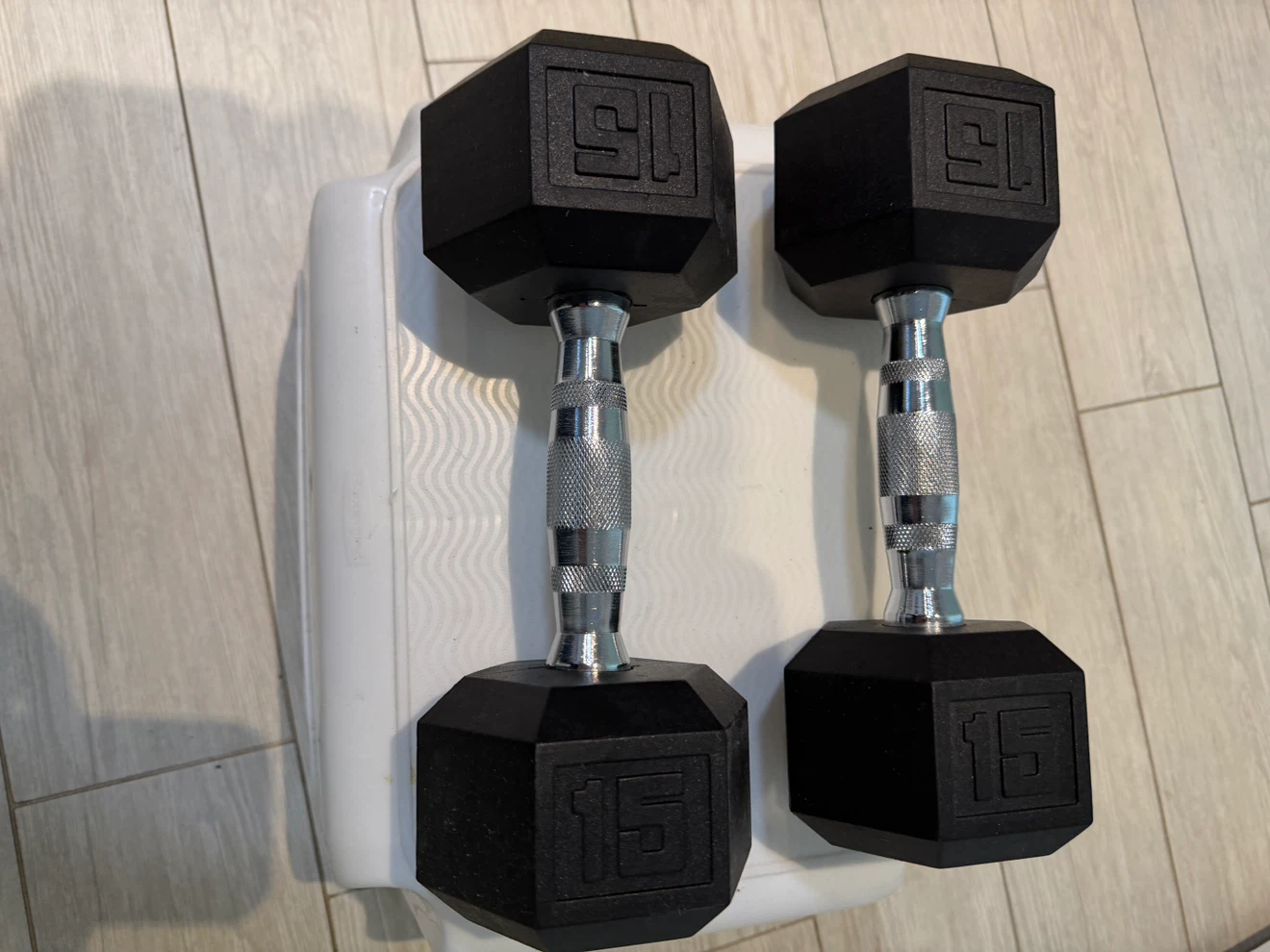 Two Solid 15lb Rubber Hex Dumbbells