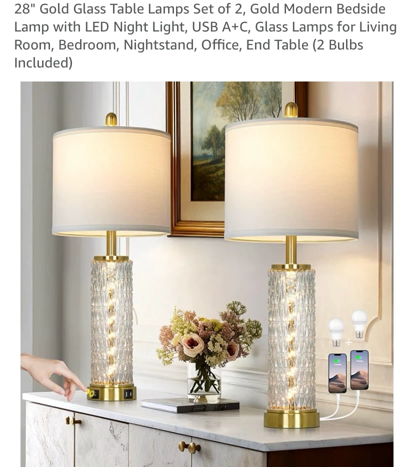 New 28" Gold Glass Table Lamps Set of 2 - photo 5