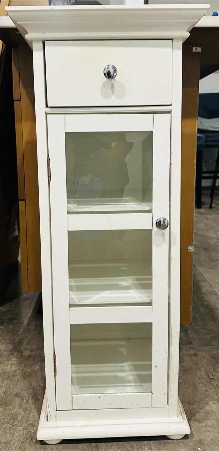 White slim storage cabinet with drawer