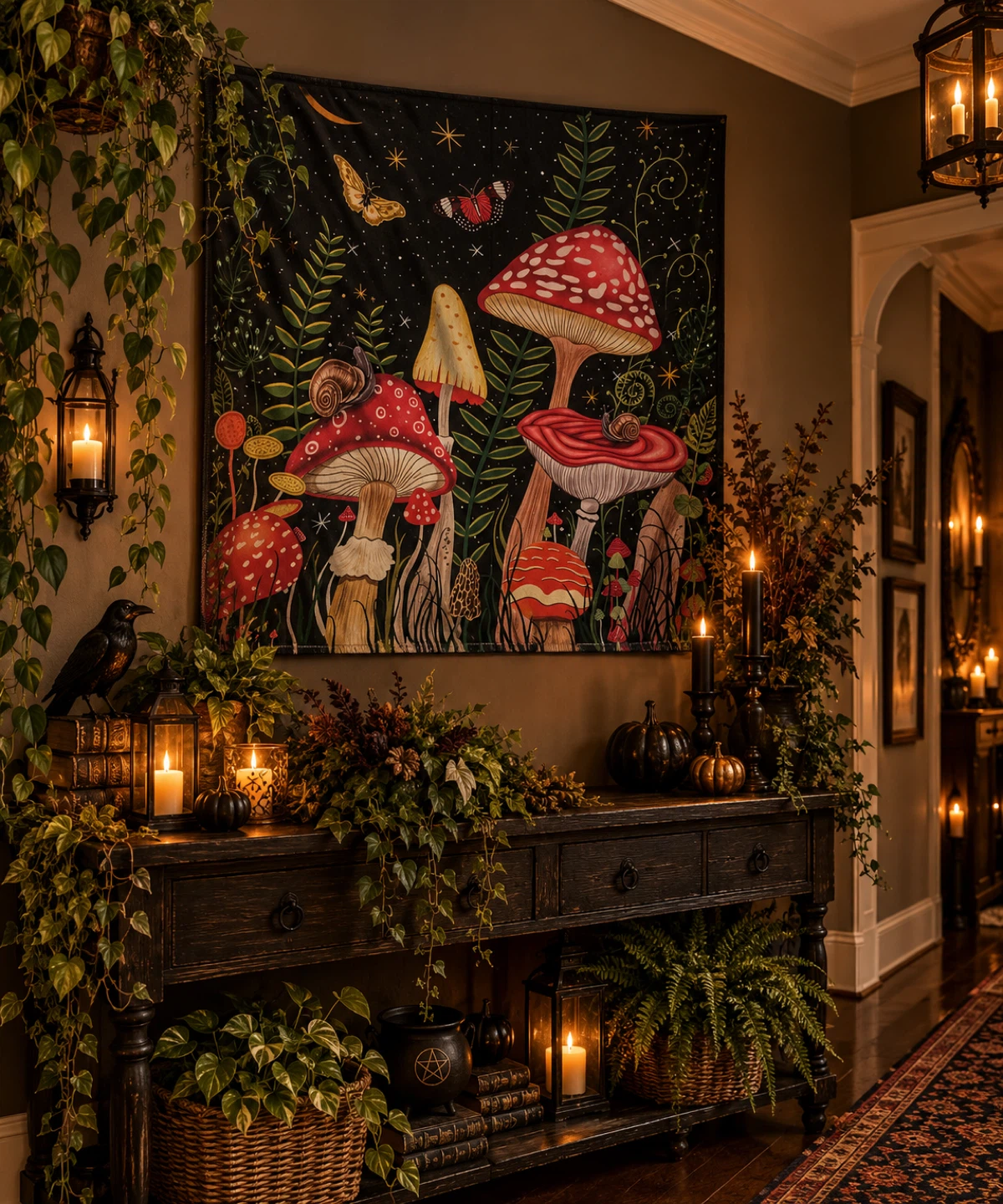 Mushroom and Forest Pattern Wall Tapestry