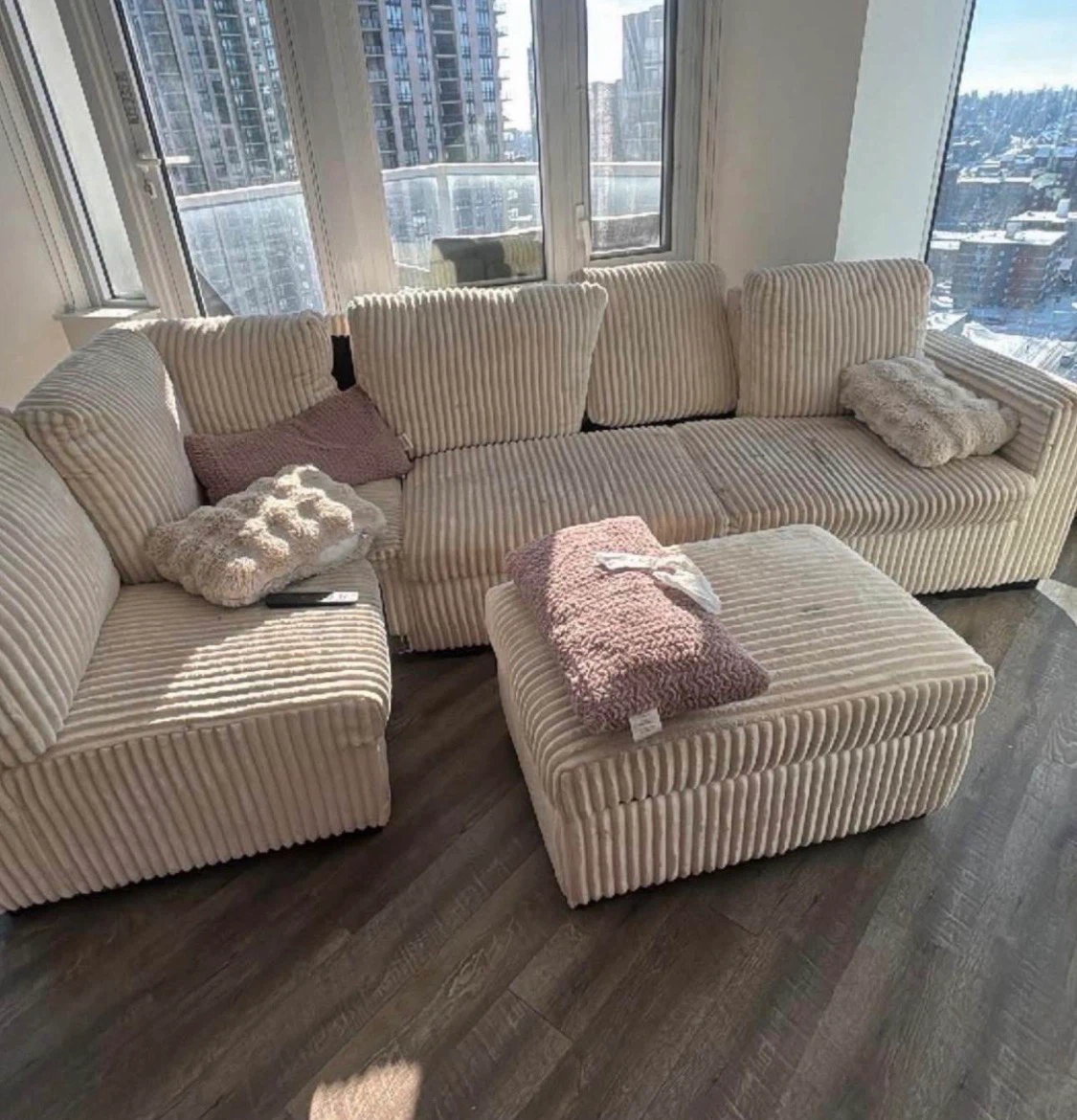 Cream Corduroy Sectional Sofa with Ottoman