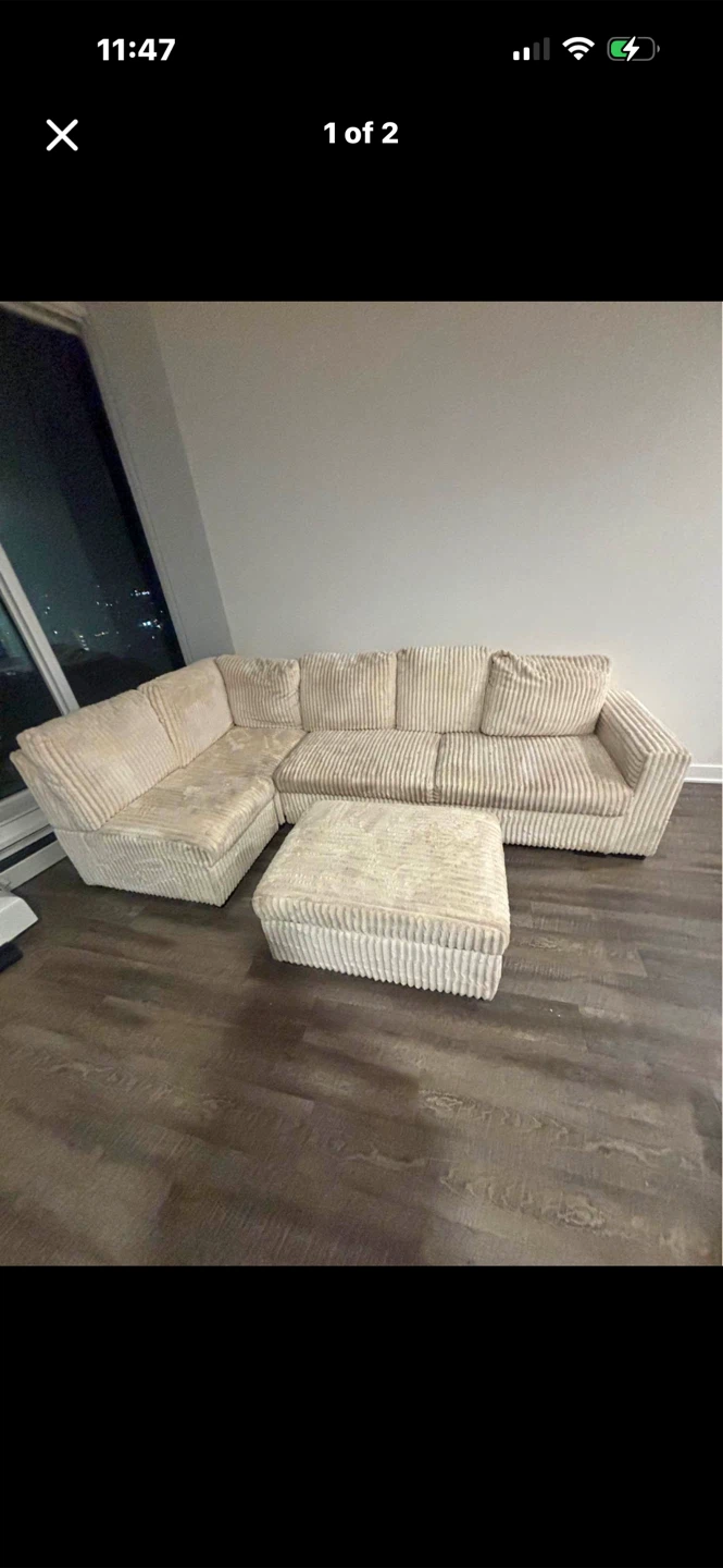 Cream Corduroy Sectional Sofa with Ottoman - photo 2