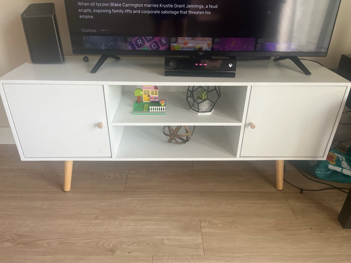 White Media Console with Wood Legs