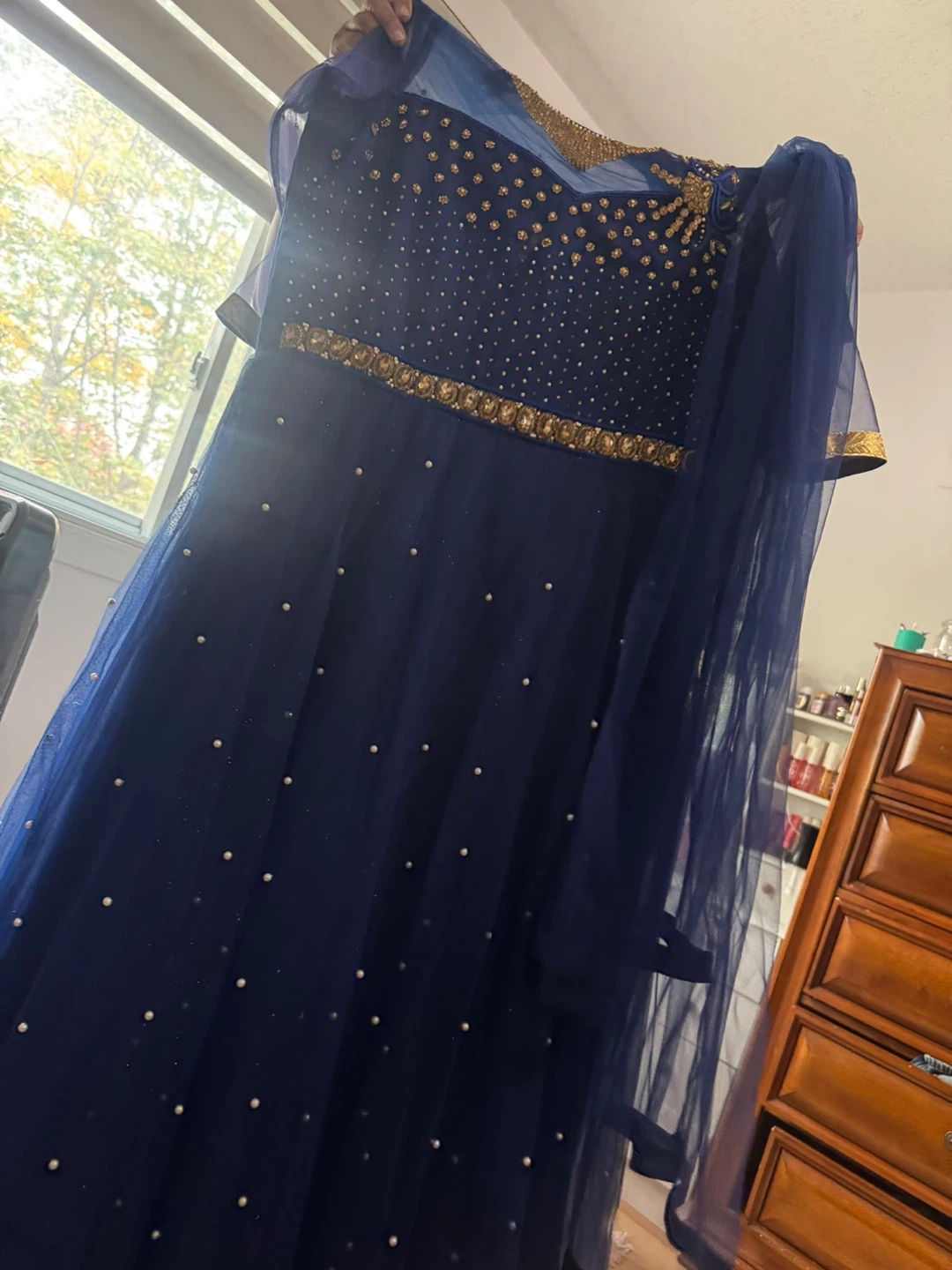 Blue Net Anarkali Gown with Gold Embroidery