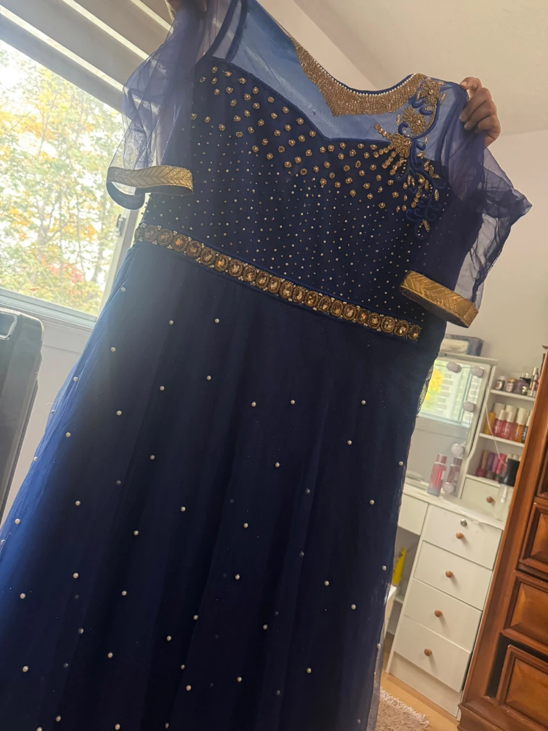 Blue Net Anarkali Gown with Gold Embroidery - photo 2