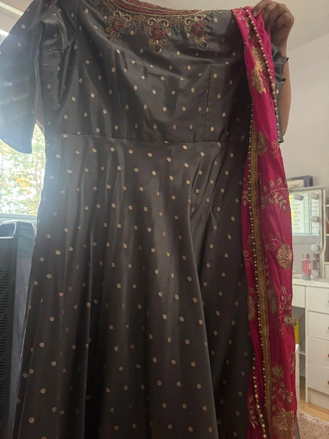 Dark Grey Embroidered Anarkali Dress with Pink Dupatta
