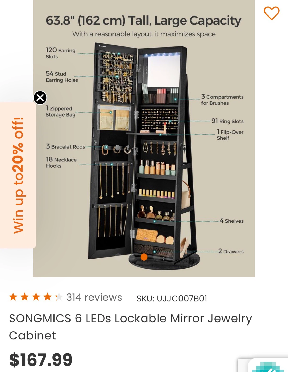 Lockable Mirror Jewelry Cabinet - photo 4
