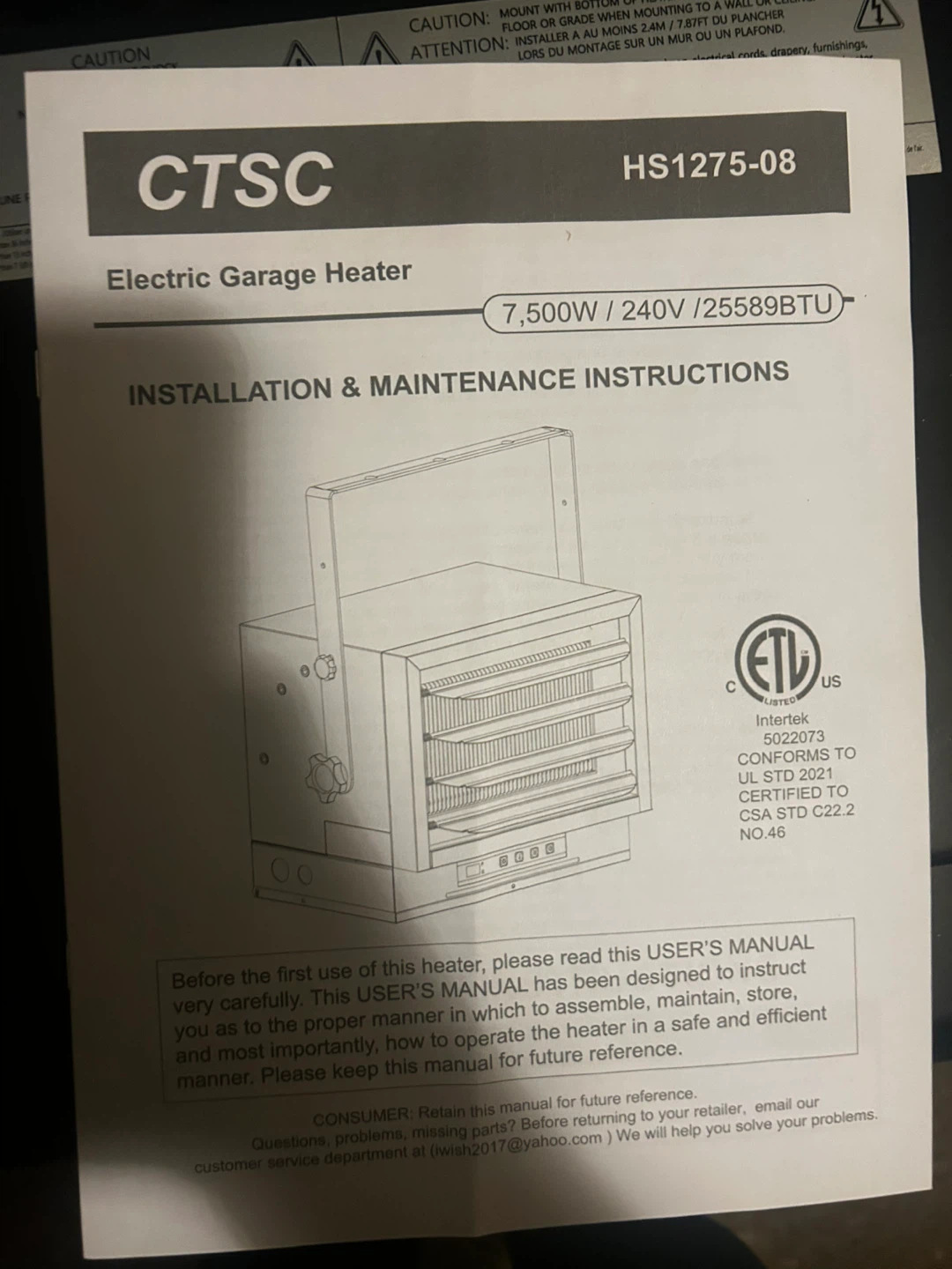 CTSC Electric Garage Heater 7500W/240V Open Box - photo 3