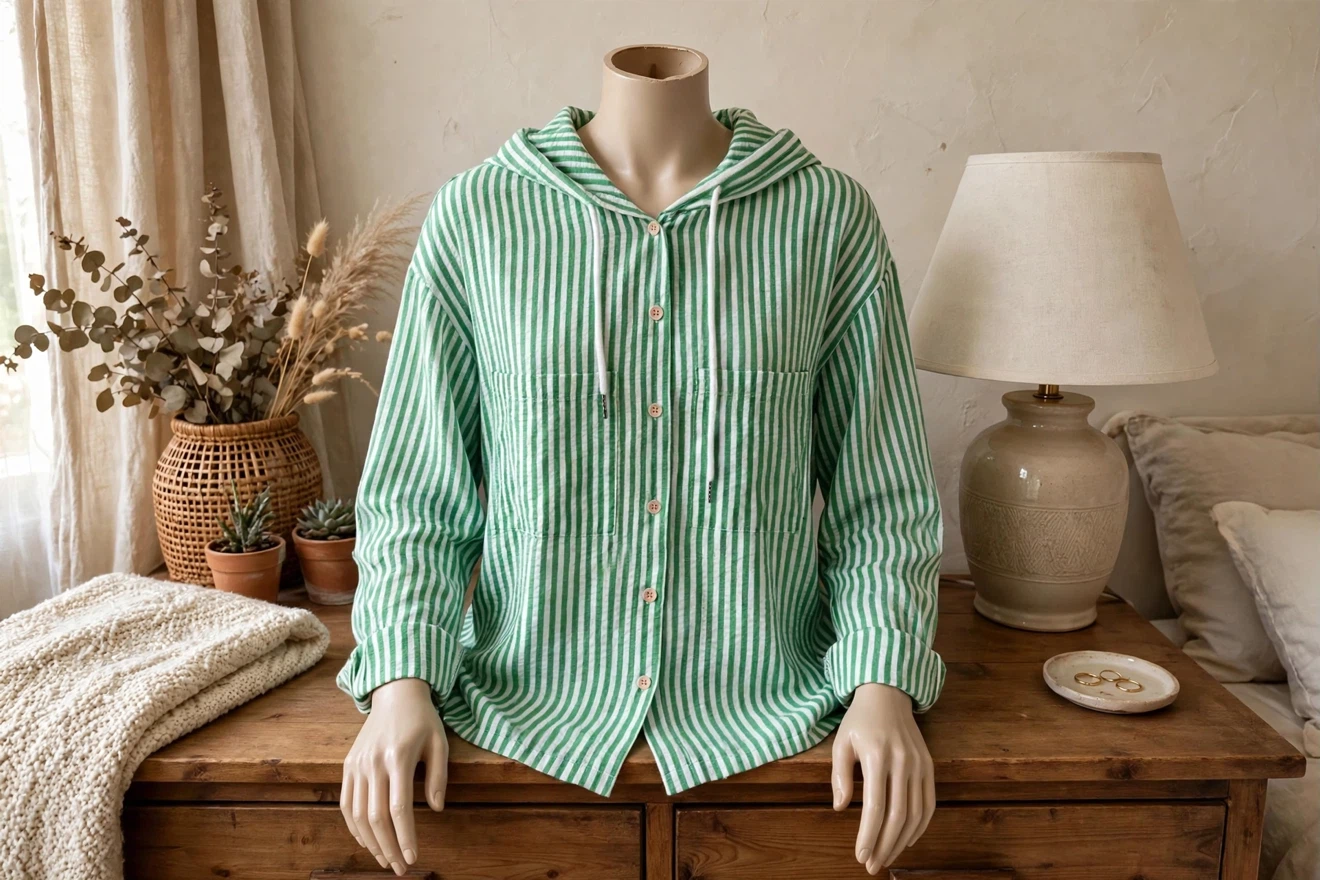 Brand new Green Striped Button-Down Hooded Shirt