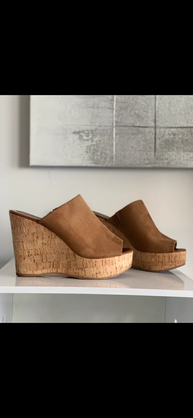 Tan Suede Cork Wedge Mules