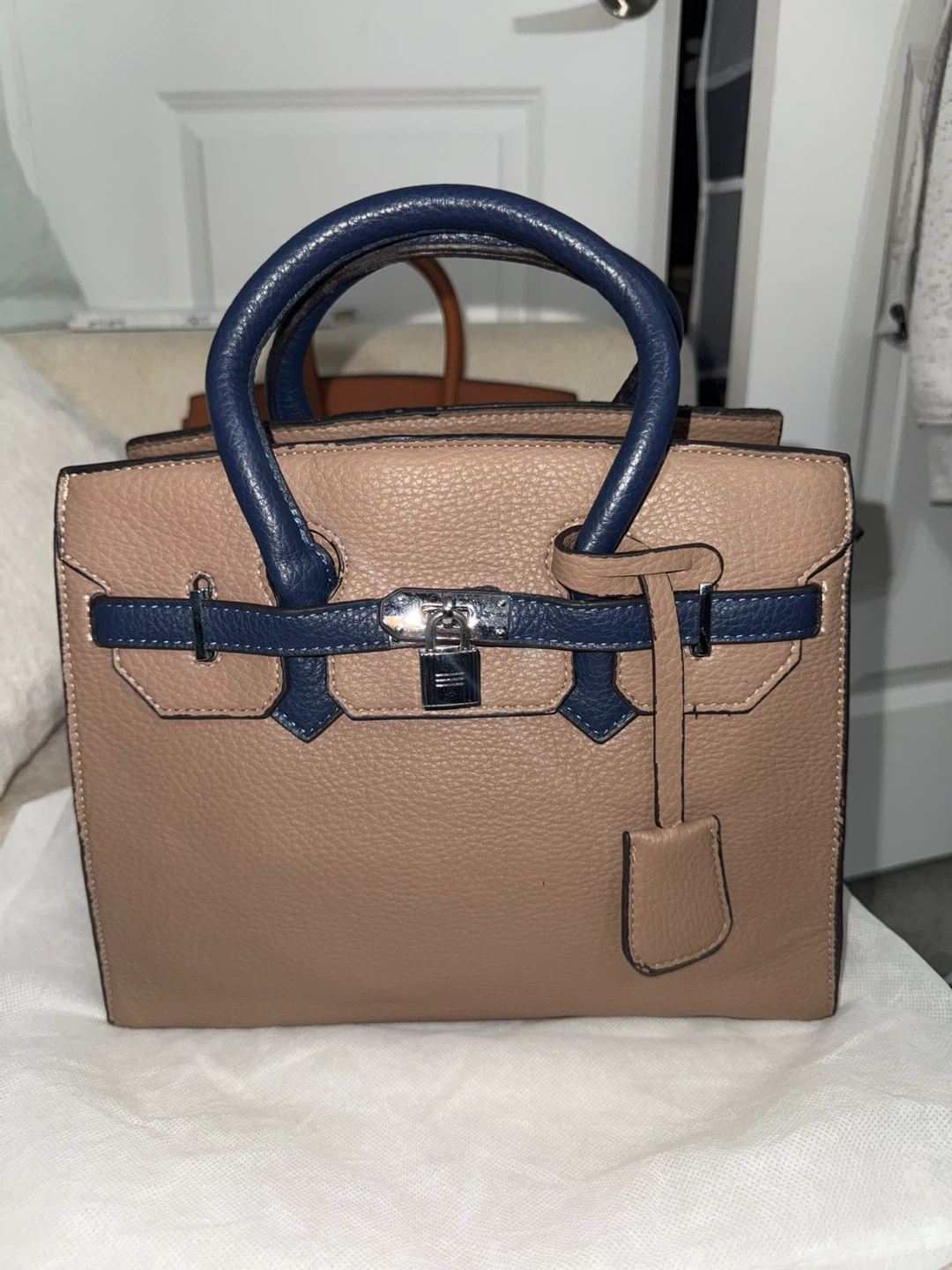 Taupe and Navy Satchel Structured Handbag.