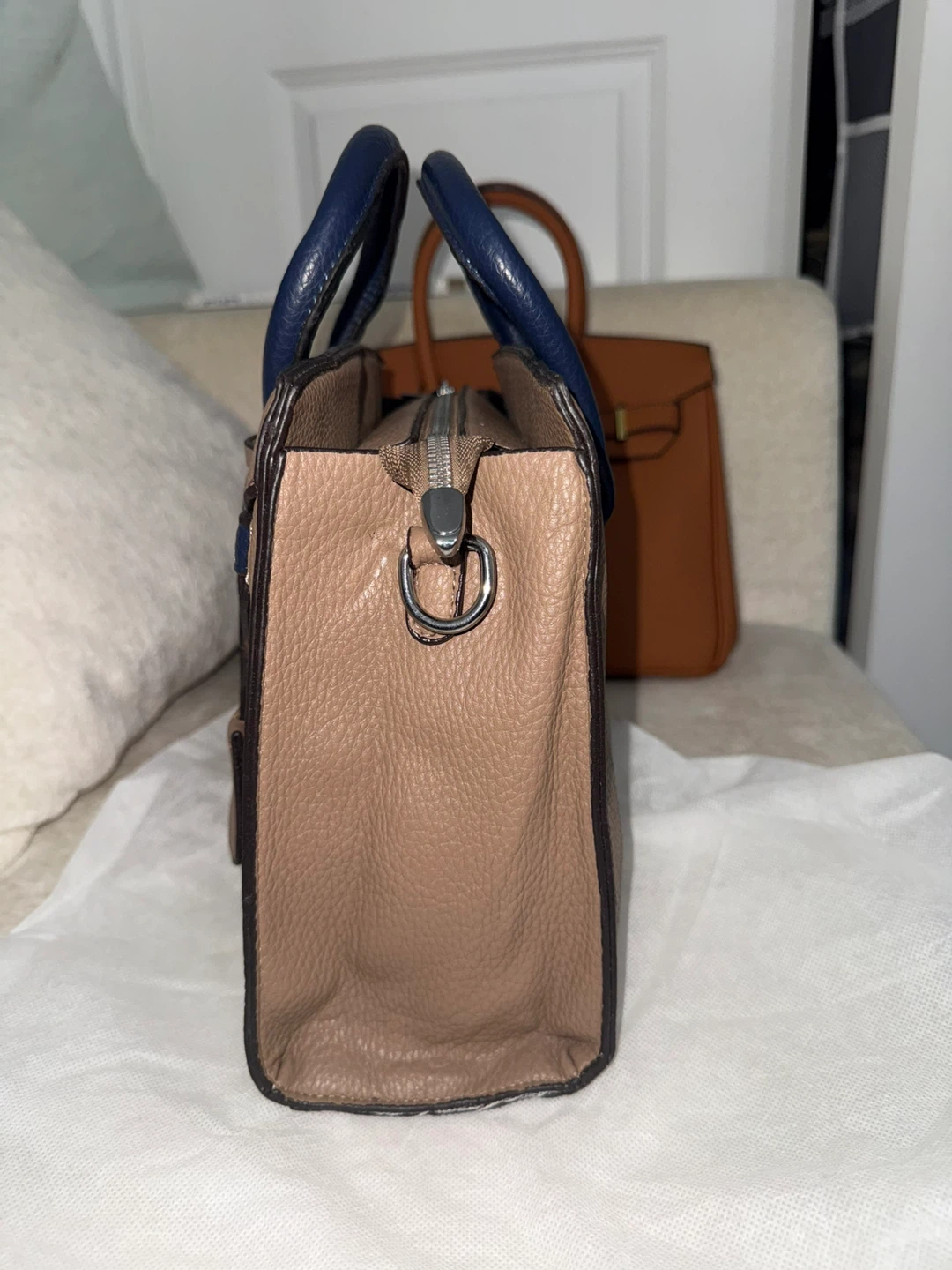 Taupe and Navy Satchel Structured Handbag. - photo 2