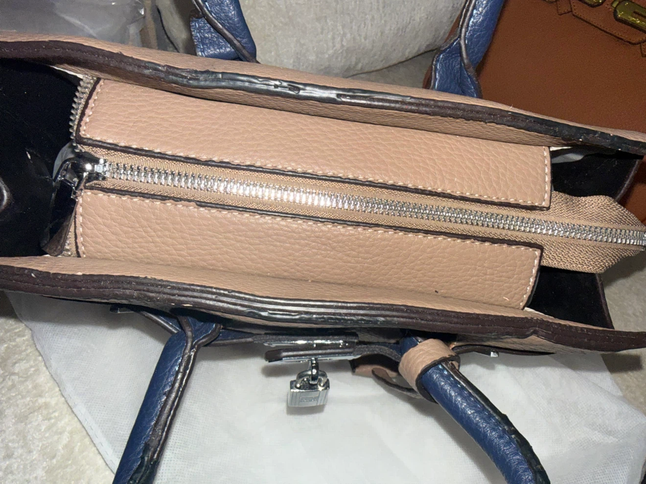 Taupe and Navy Satchel Structured Handbag. - photo 4