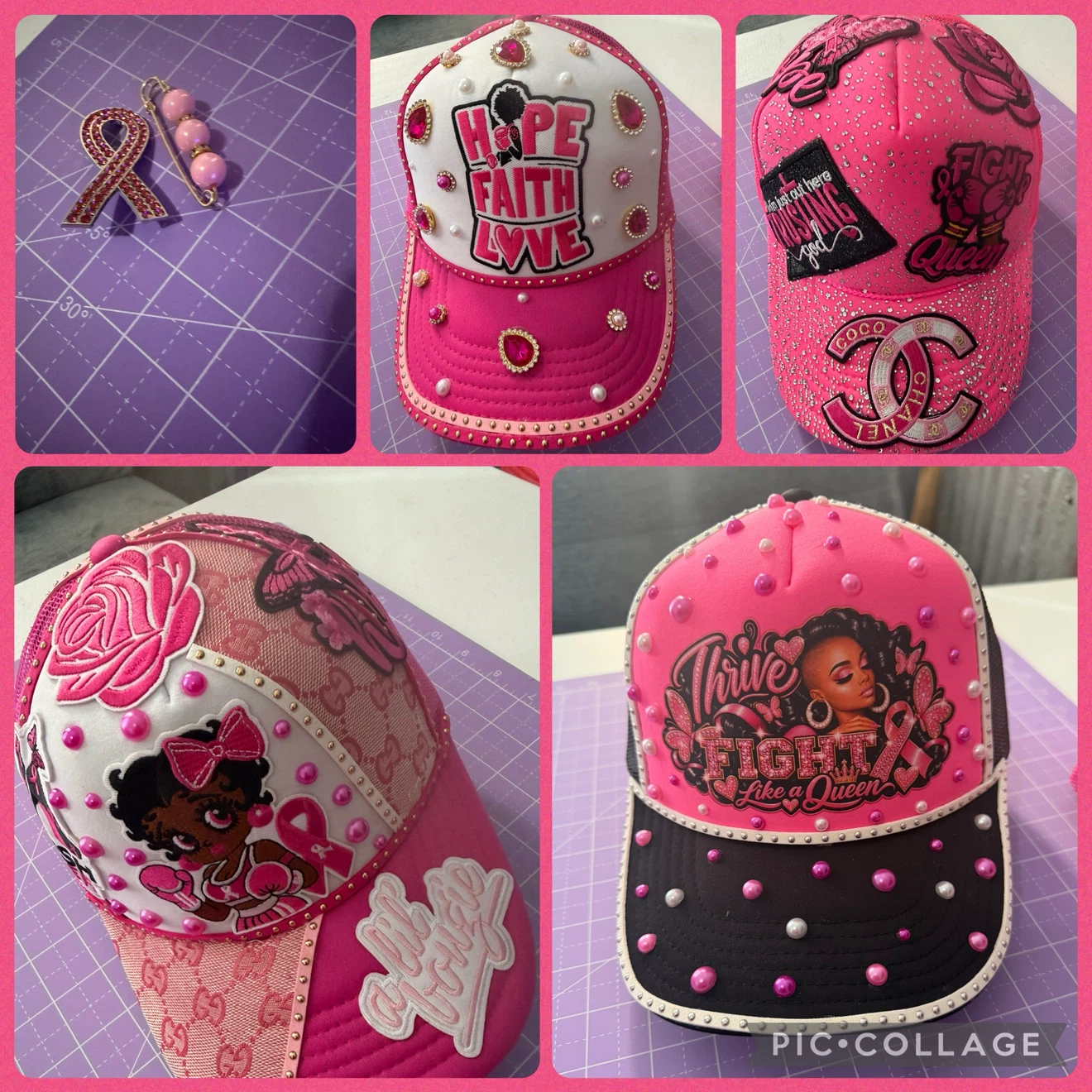 Custom Pink Cancer Awareness Embellished Hats