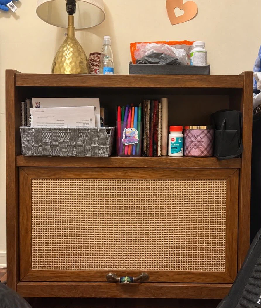 Wood and Rattan Cabinet with Shelf
