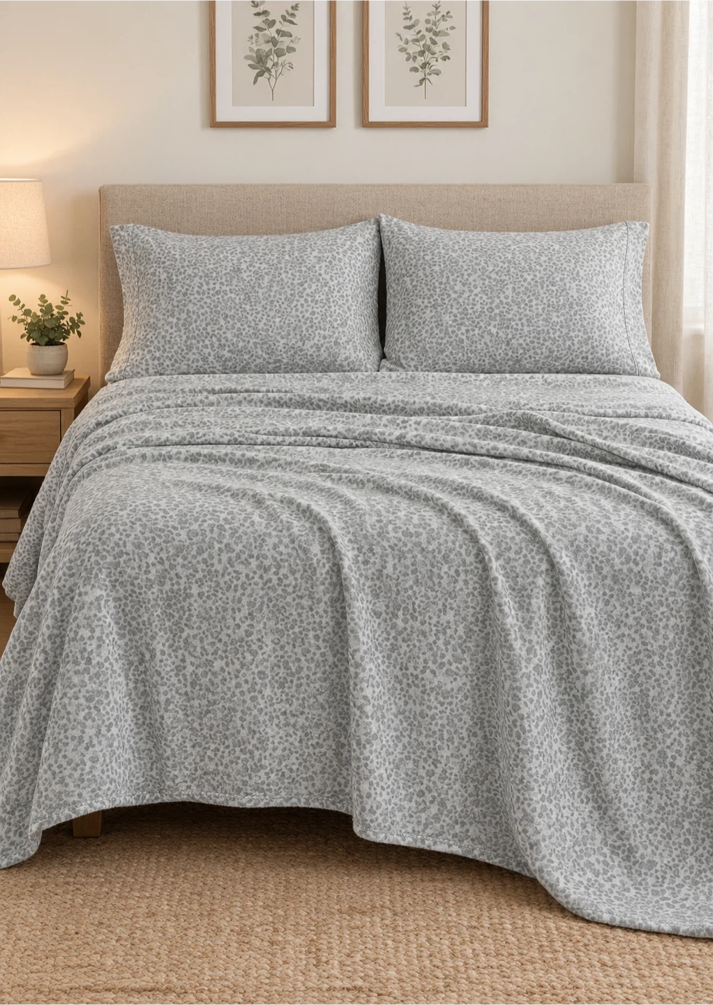 Queen 100% Cotton Flannel Sheet Set - Grey Floral (Like New)