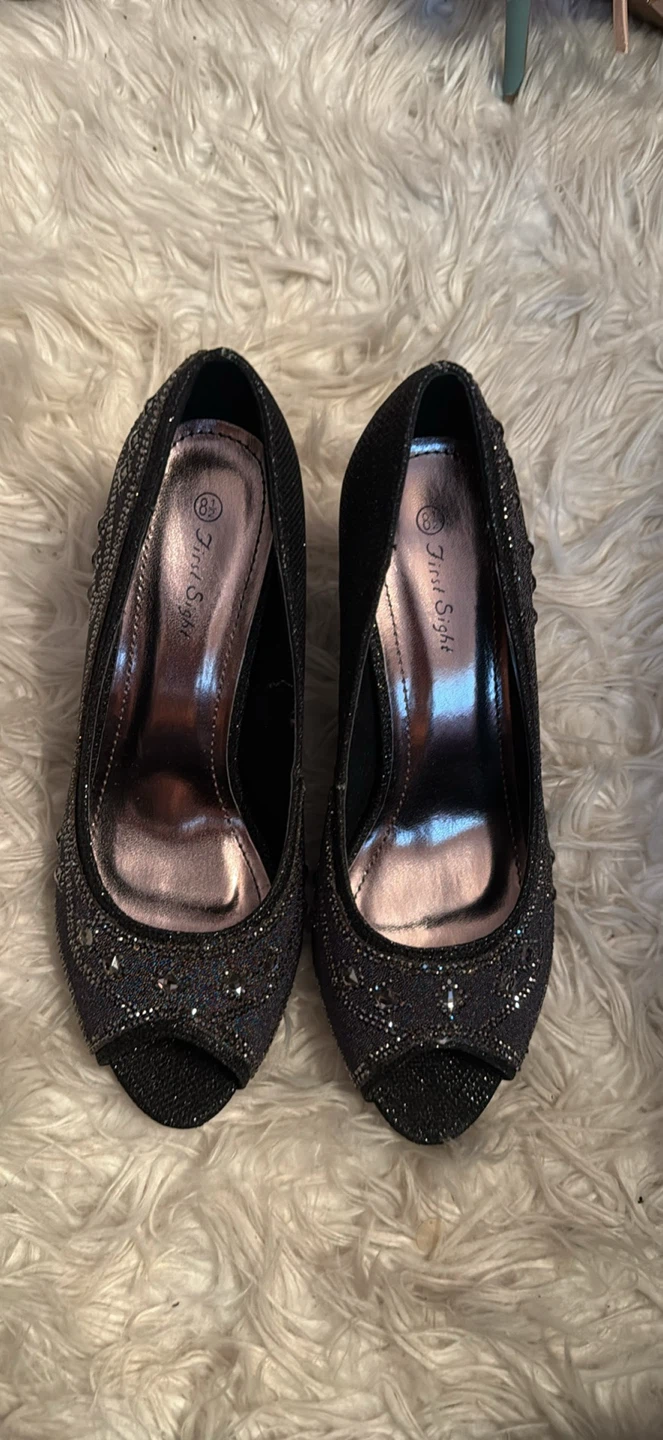 First Sight Black Peep Toe Heels Size 8.5