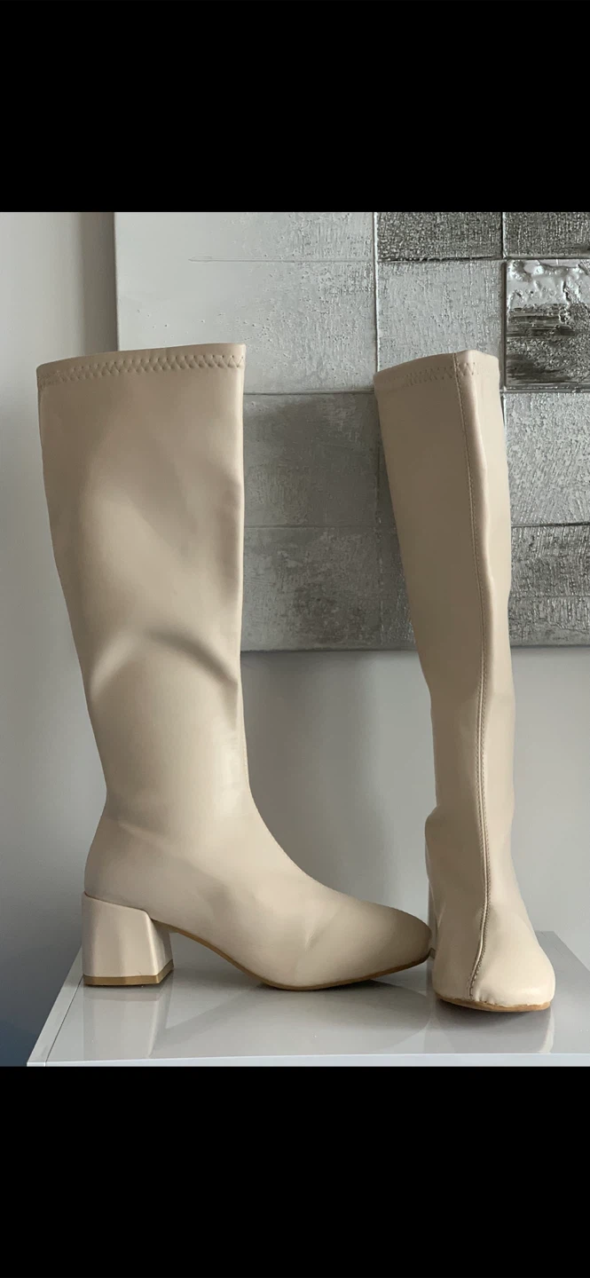 Cream Knee-High Block Heel Boots