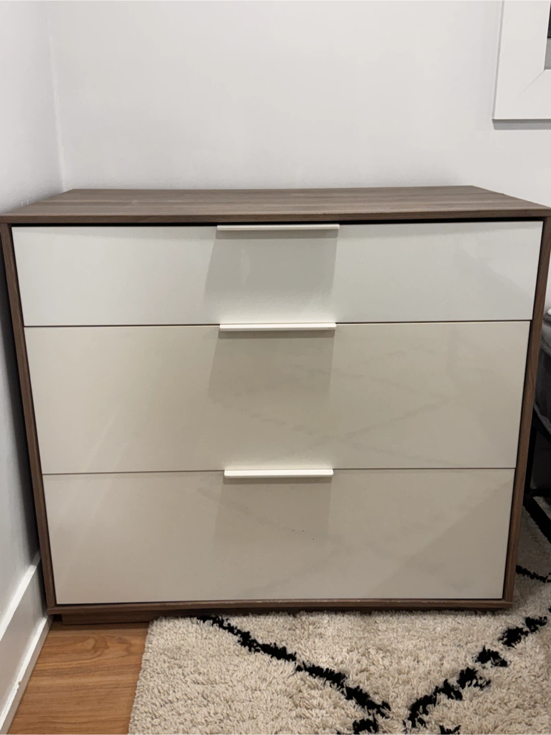 Three-Drawer Dresser in White and Wood Finish