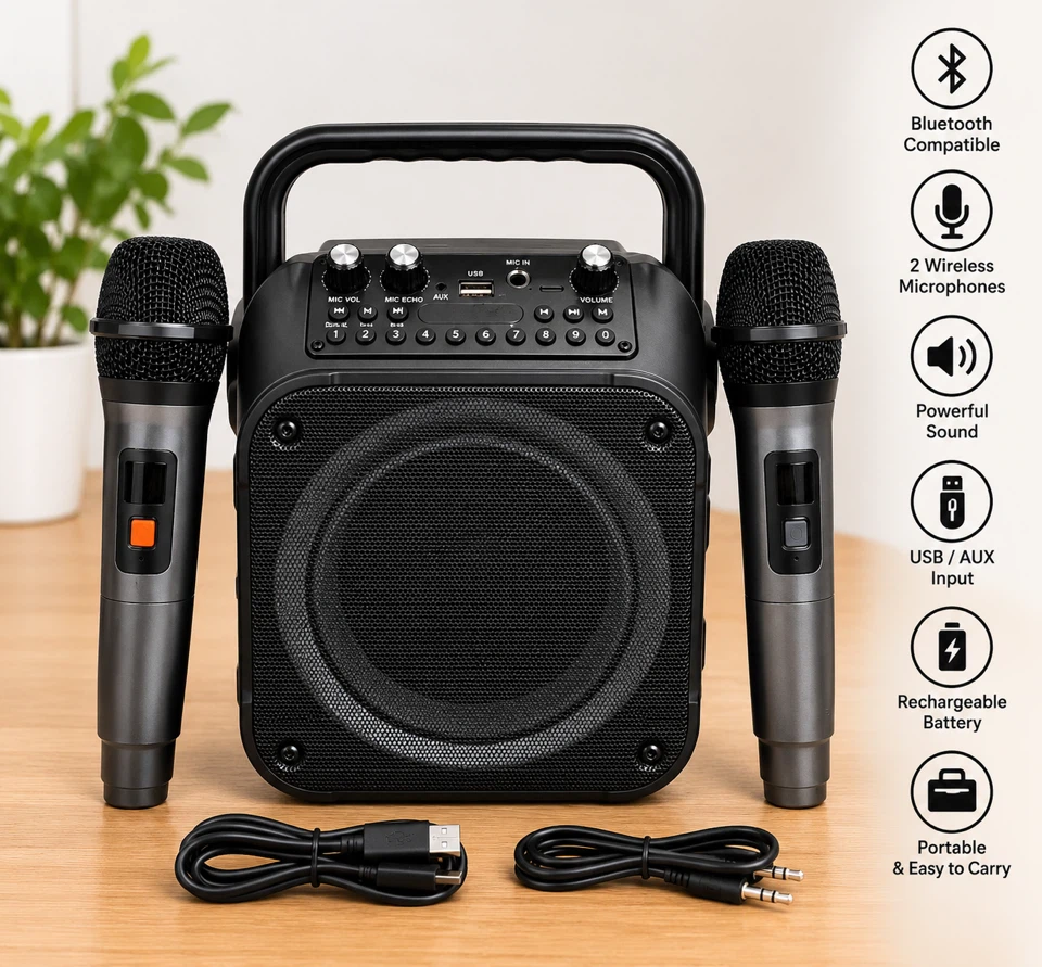 Portable Bluetooth Karaoke Speaker with 2 Wireless Microphones