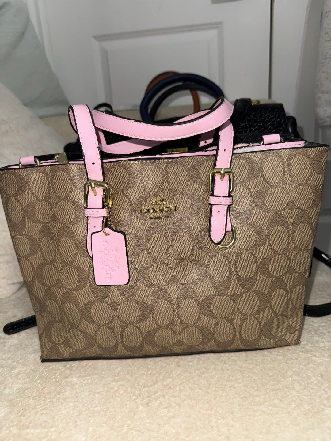 Coach Signature Canvas Tote Bag with Pink Trim